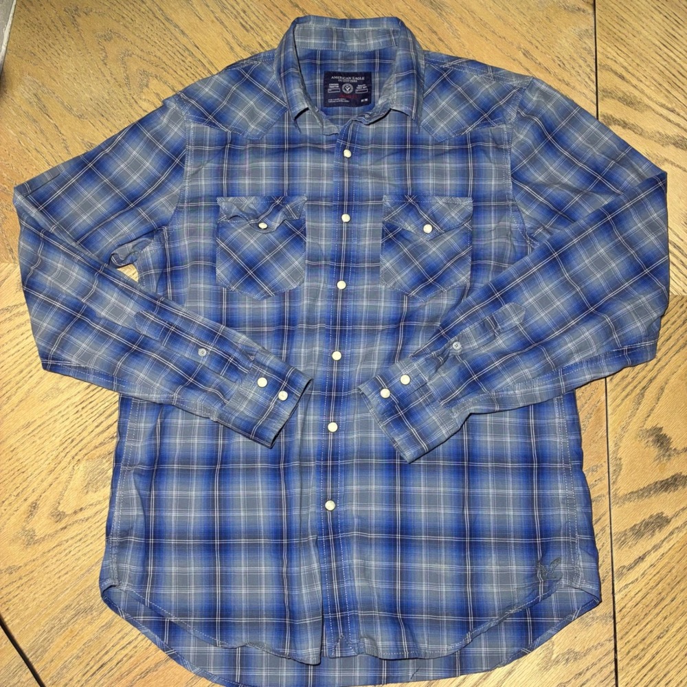 American Eagle Mens Blue Plaid Western Pearl Snap Shirt Vintage Fit Medium